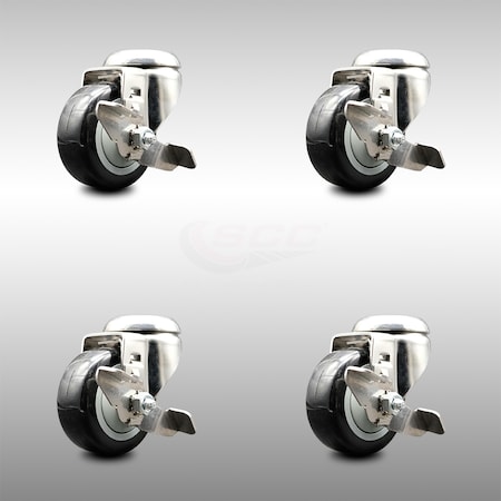 Service Caster 3 Inch 316SS Black Polyurethane Wheel Swivel Bolt Hole Caster Set with Brake SCC SCC-SS316BH20S314-PPUB-BLK-TLB-4